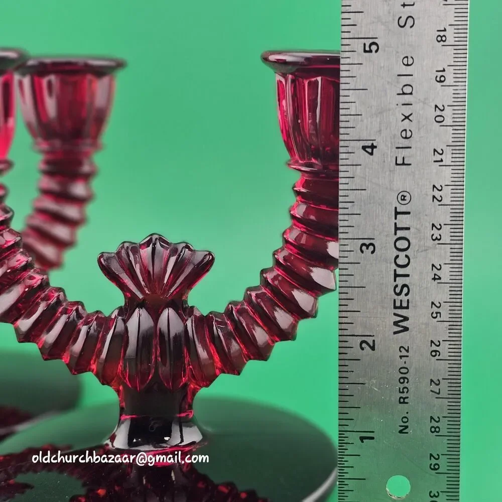 Set of 2 Paden City Ruby Red Glass Crows Foot Round Double Candle Holders